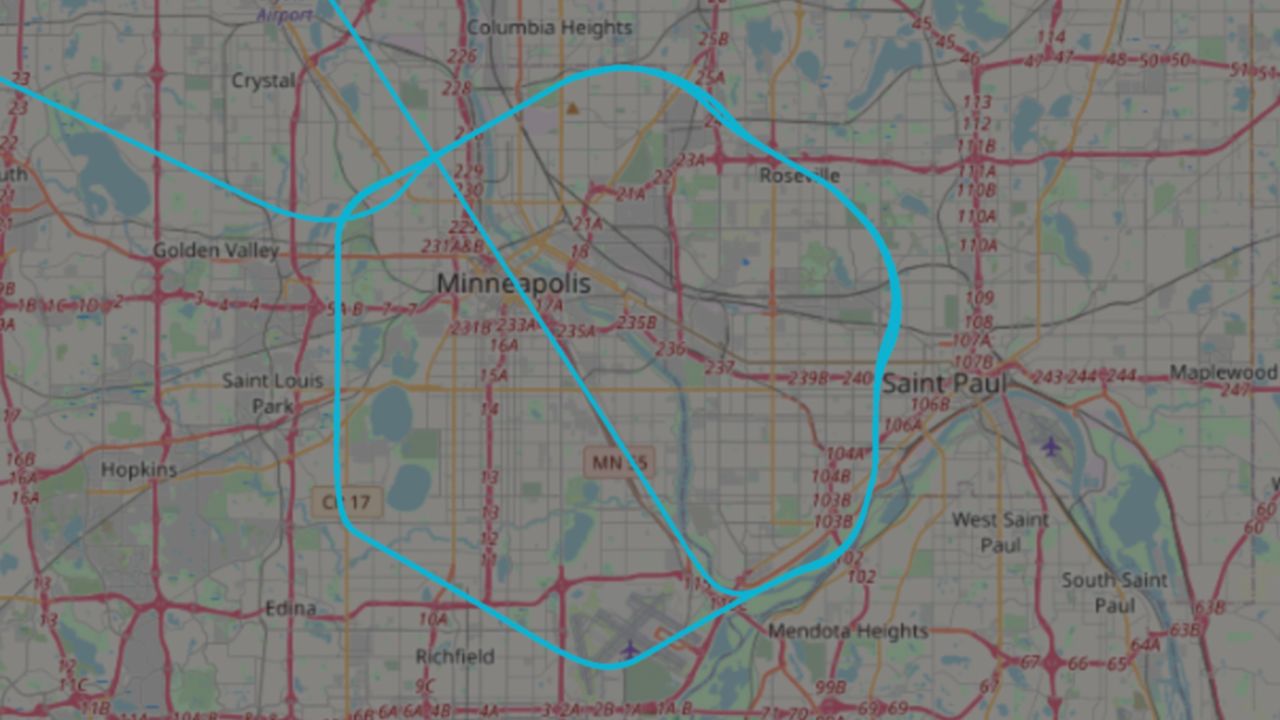 The May 29 track over Minneapolis of a Customs and Border Protection Predator B pilotless drone that normally flies along the US-Canada border. Map courtesy of adsbexchange.com.