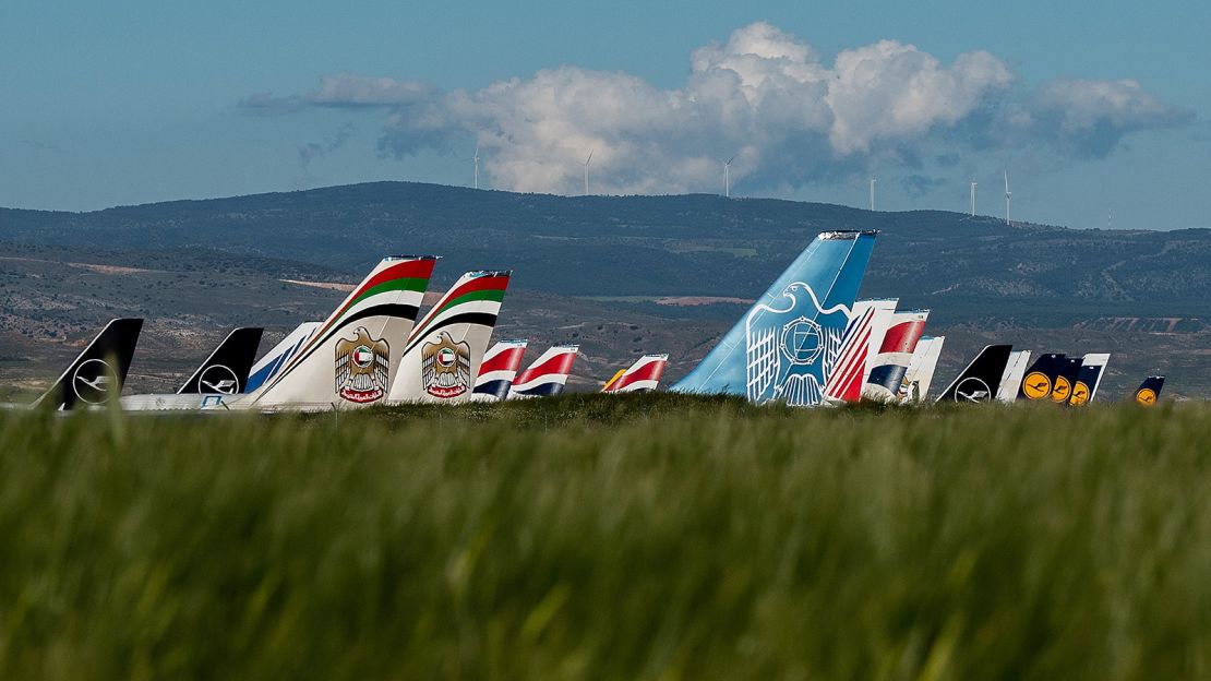 Lufthansa, Etihad and British Airways planes parked at Teruel. 