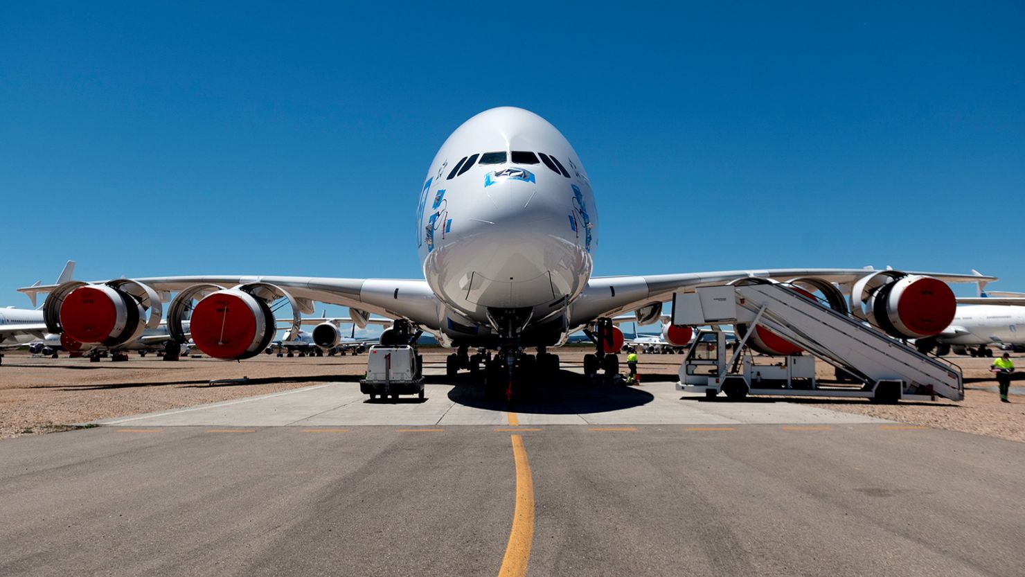 An aircraft is pictured at the commercial aircraft maintenance, repair and overhaul - MRO, Tarmac Aerosave Aragon, located at the Teruel Airport, in Teruel, on May 18, 2020, during the national lockdown to prevent the spread of the COVID-19 disease. - Situated on a huge plain in Spain's east, Teruel airport is scarcely on a sunseeking tourist's radar. Yet it is one of precious few airports positively flourishing during the coronavirus crisis which has dealt a crushing blow to the aviation industry and tourism. The name of the game at this airport without passengers is not holidaymaking, however, but planes maintenance and recycling. (Photo by JOSE JORDAN / STR / AFP) (Photo by JOSE JORDAN/STR/AFP via Getty Images)