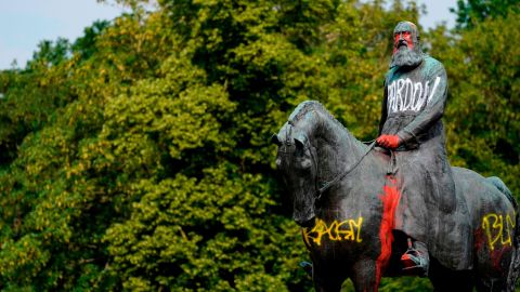 A statue of King Leopold II in Brussels, Brussels stands defaced on Wednesday, June 10.