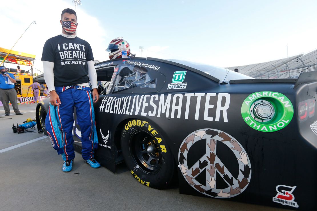 Bubba Wallace with his Black Lives Matter car before the start of a NASCAR Cup Series race in Martinsville, Virginia, on June 10, 2020.