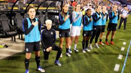COLUMBUS, OH - SEPTEMBER 15:  Megan Rapinoe #15 of the U.S. Women's National Team kneels during the playing of the U.S. National Anthem before a match against Thailand on September 15, 2016 at MAPFRE Stadium in Columbus, Ohio.  (Photo by Jamie Sabau/Getty Images)