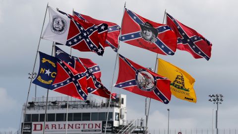 Confederate flags flying over the infield campground before start of the NASCAR Southern 500 at Darlington Raceway on September 6, 2015, in Darlington, South Carolina.