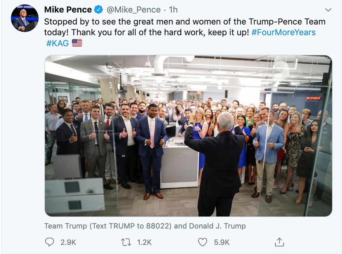 Vice President Mike Pence on June 10: "Stopped by to see the great men and women of the Trump-Pence Team today!" Pence said in a tweet. "Thank you for all of the hard work, keep it up!"