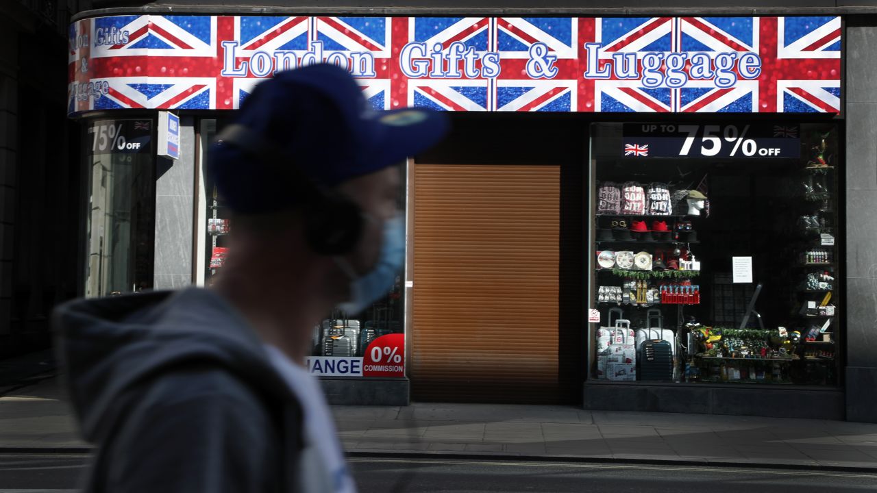 A closed souvenir shop on Oxford Street in London.
