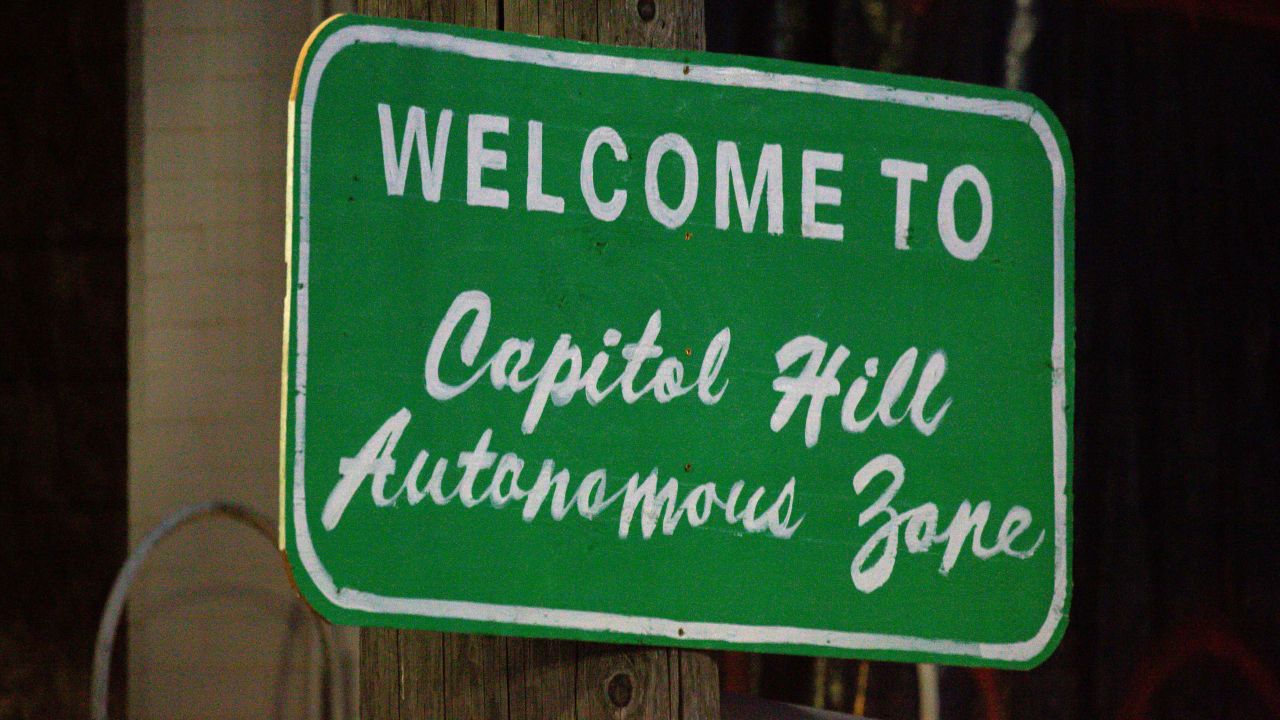 A sign welcomes visitors to the so-called "Capitol Hill Autonomous Zone" on Wednesday.
