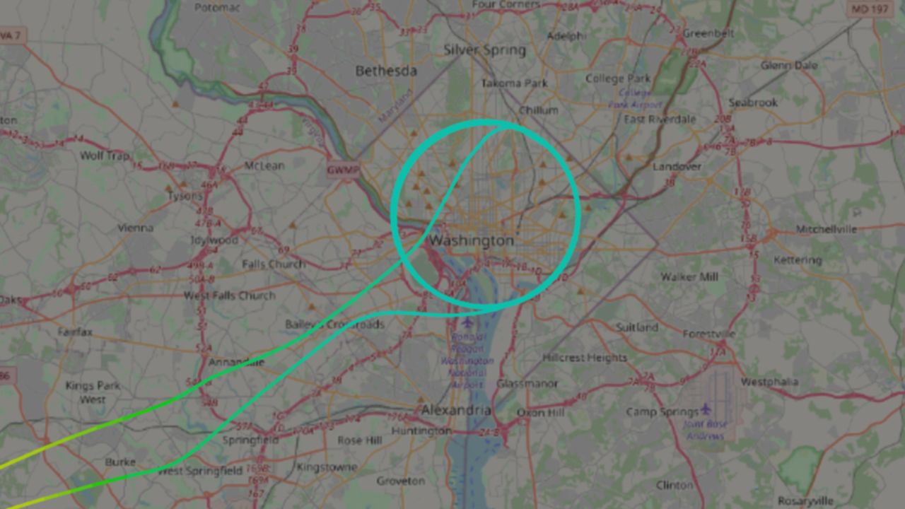Tracking data shows government aircraft flew over Washington on several nights of demonstrations, flying wide, counterclockwise circles. Map courtesy of adsbexchange.com.  