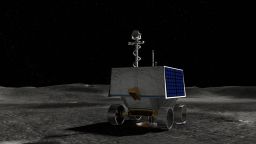 An illustration of NASA's Volatiles Investigating Polar Exploration Rover (VIPER) on the surface of the Moon.