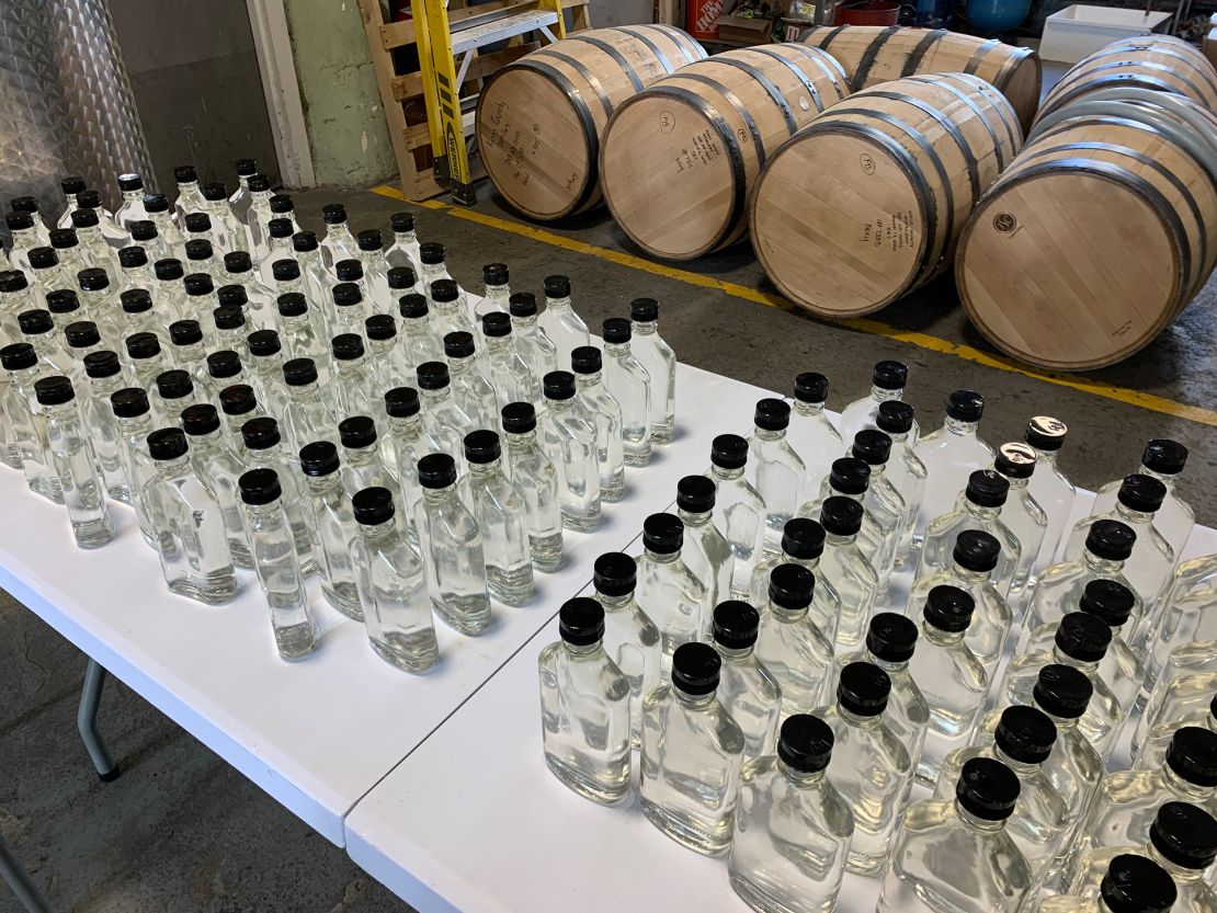 Rows of hand sanitizers produced during lockdown by a Brooklyn distillery which normally makes whiskey in New York City
