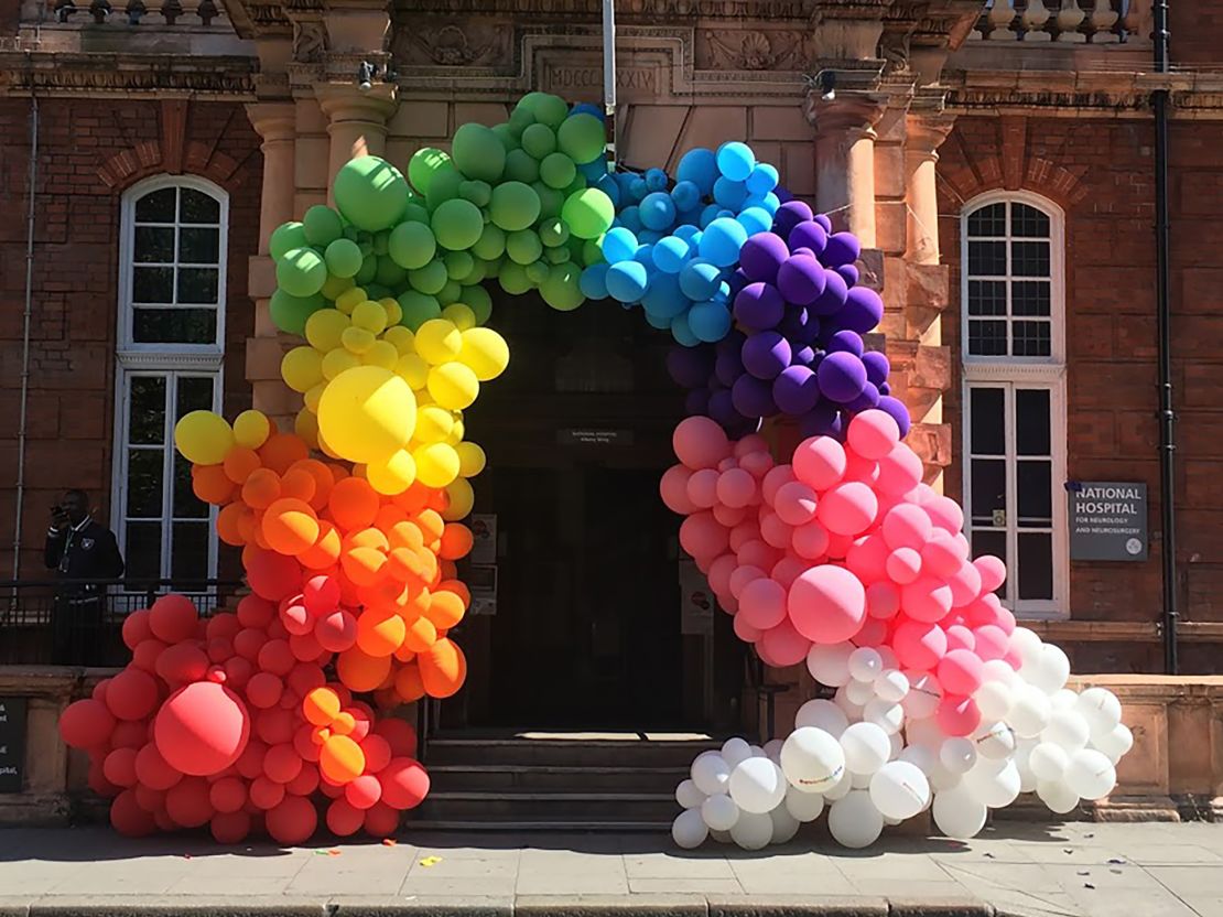 A rainbow balloon display at the entrance of the National Hospital for Neurology and Neurosurgery during lockdown in Central London