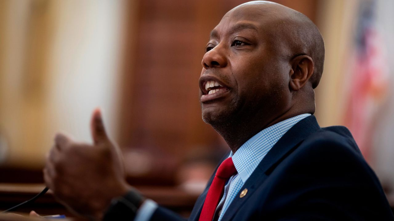 Senator Tim Scott, a Republican from South Carolina, speaks during the Senate Small Business and Entrepreneurship Hearings to examine implementation of Title I of the CARES Act on Capitol Hill in Washington, DC on June 10, 2020. (Photo by Al Drago / various sources / AFP) (Photo by AL DRAGO/AFP via Getty Images)