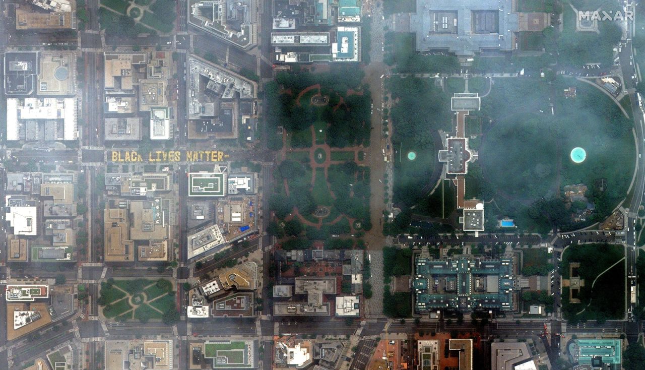 This satellite photo, taken on Saturday, June 6, shows <a href="https://www.cnn.com/2020/06/05/us/black-lives-matter-dc-street-white-house-trnd/index.html" target="_blank">the new Black Lives Matter Plaza</a> in Washington. The words "Black Lives Matter" were painted on two blocks of 16th Street. The painters were contracted by Mayor Muriel Bowser.