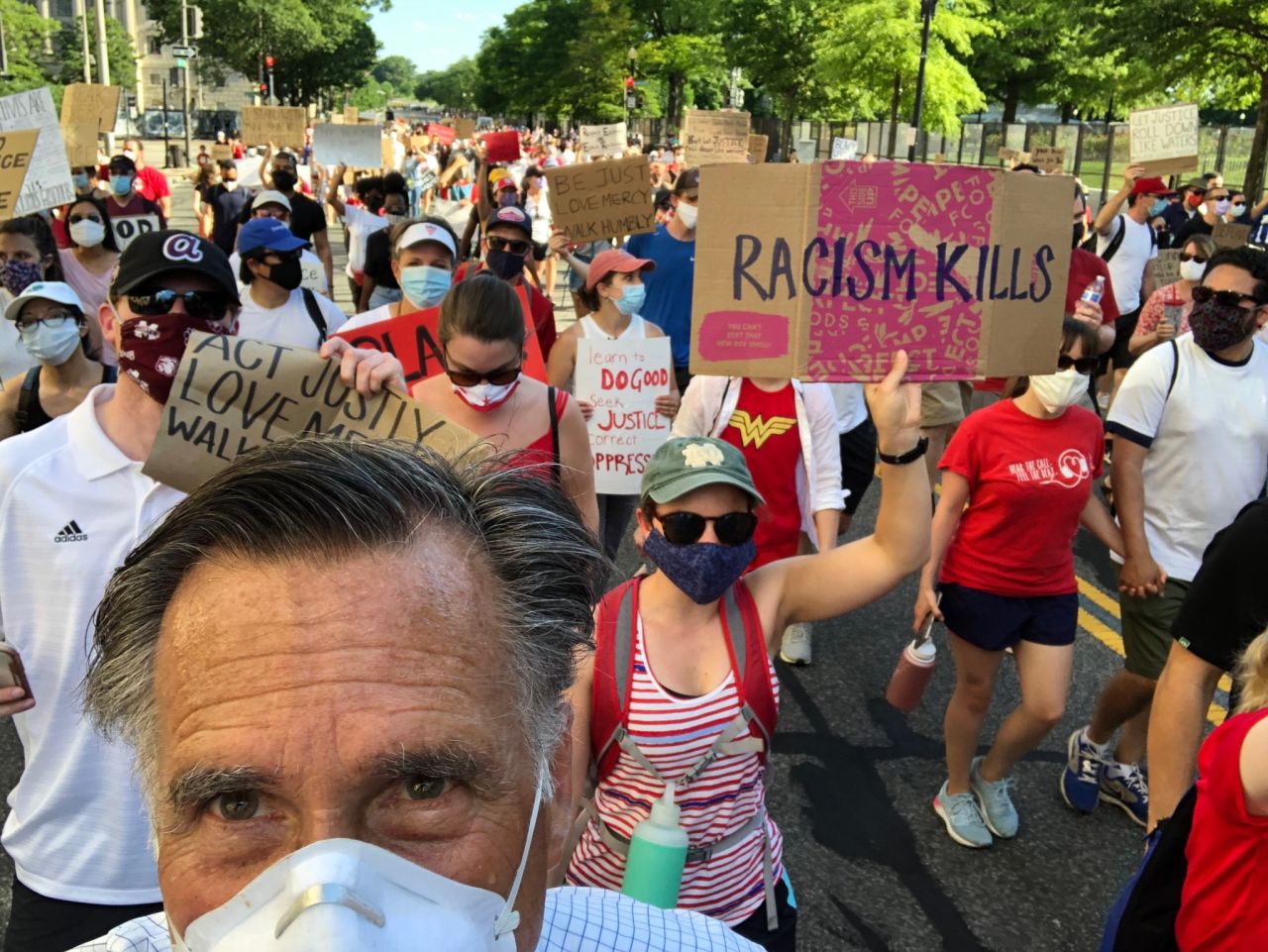 US Sen. Mitt Romney <a href="https://www.cnn.com/2020/06/07/politics/mitt-romney-black-lives-matter-protest/index.html" target="_blank">tweeted "Black Lives Matter"</a> when he <a href="https://twitter.com/MittRomney/status/1269758561720156160/photo/1" target="_blank" target="_blank">posted this selfie</a> of himself marching in Washington on Sunday, June 7.