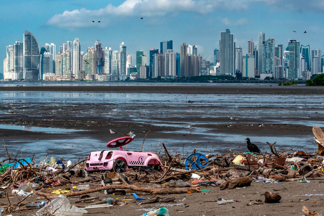 Double-crested cormorants fly over garbage, including plastic waste, at a beach in Panama City on Monday, June 8. It was World Oceans Day. <a href="https://www.cnn.com/2020/06/07/world/amazing-oceans-spc-scn-intl/index.html" target="_blank">Millions of tons of plastic end up in the oceans every year,</a> killing and injuring sea creatures.