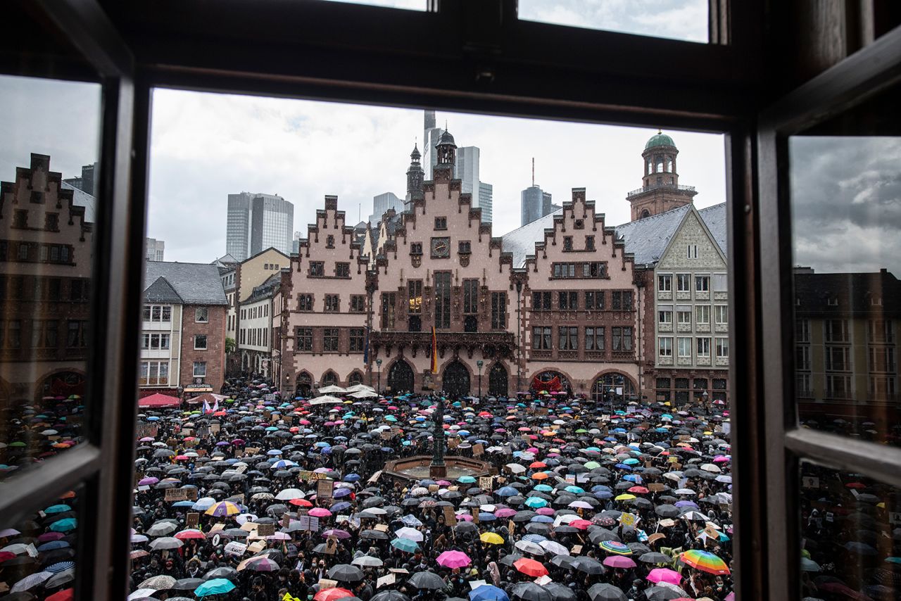 People in Frankfurt, Germany, gather on Saturday, June 6, to call for justice for George Floyd.