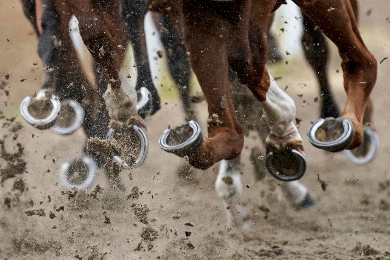 Horses race in Chelmsford, England, on Monday, June 8. The public, however, is still not allowed to watch races in person.