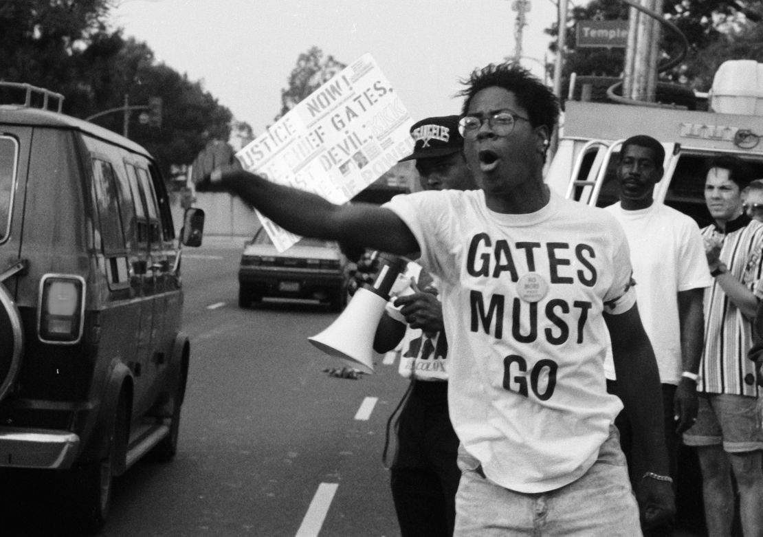 Demonstrators protest outside Los Angeles Police Department Headquarters after the verdict in the Rodney King case.
