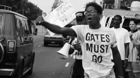 Demonstrators protest outside Los Angeles Police Department Headquarters after the verdict in the Rodney King case.
