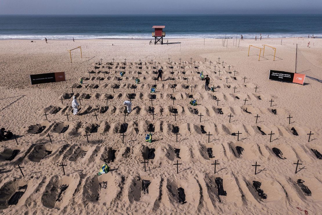 Activists from the Brazilian NGO Rio de Paz dig mock graves on Copacabana beach.