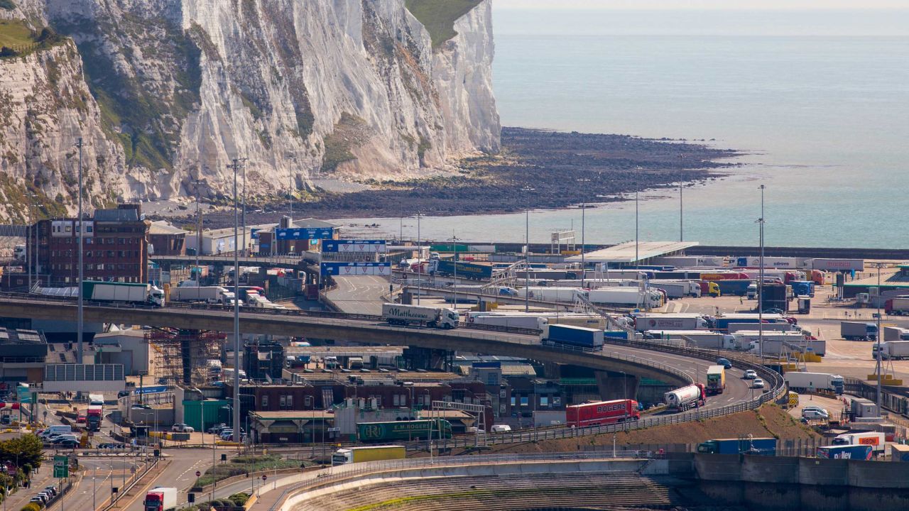 Trucks make their way through the Port of Dover in the United Kingdom.