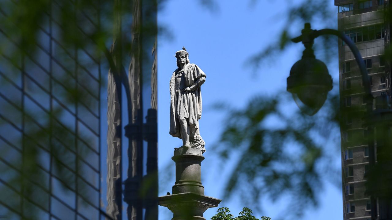 The statue of Christopher Columbus at Columbus Circle in New York City on  on June 12, 2020.