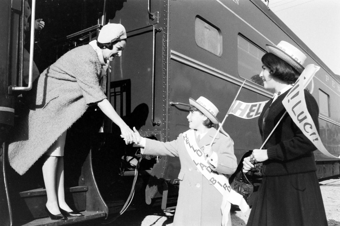 Lady Bird Johnson shaking hands with a young supporter during the whistle-stop tour of the South, October 1964.