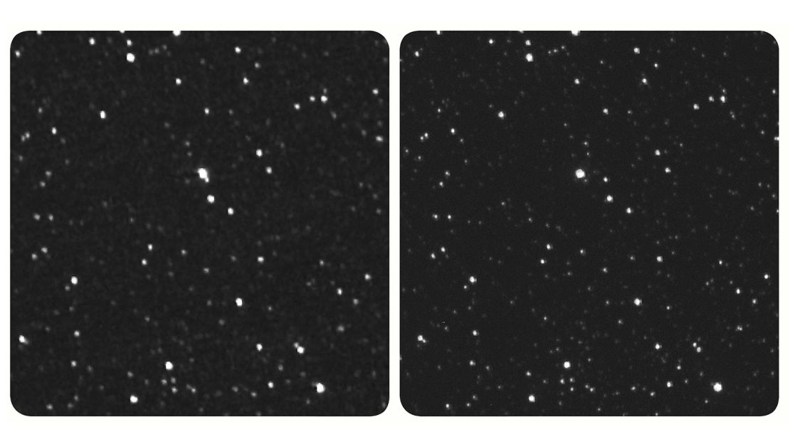 The New Horizons image of Proxima Centauri is on the left. If you have a stereo viewer, you can use it on this image. If not, look at the center of the image and let your focus shift to see the combined third image. 