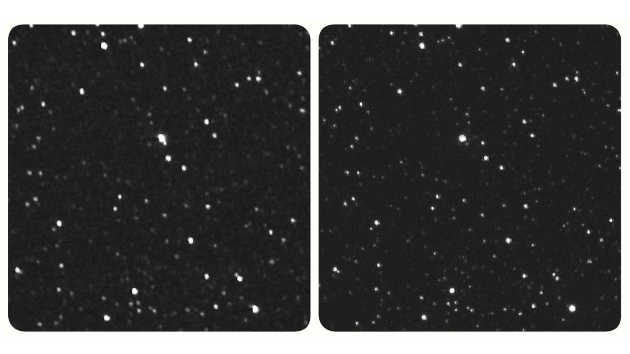 The New Horizons image of Proxima Centauri is on the left. If you have a stereo viewer, you can use it on this image. If not, look at the center of the image and let your focus shift to see the combined third image.