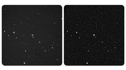 The New Horizons image of star Wolf 359 is on the left. If you have a stereo viewer, you can use it on this image. If not, look at the center of the image and let your focus shift to see the combined third image. 