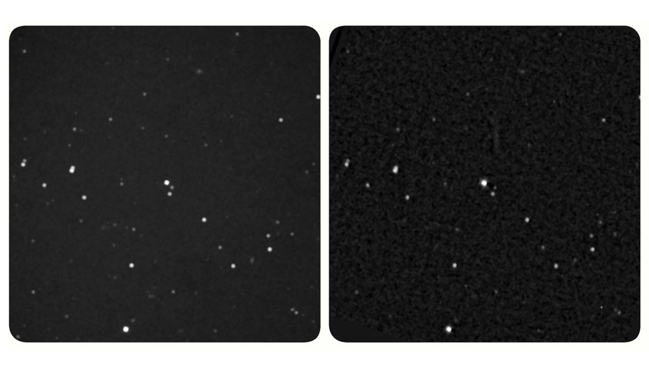 The New Horizons image of star Wolf 359 is on the left. If you have a stereo viewer, you can use it on this image. If not, look at the center of the image and let your focus shift to see the combined third image.