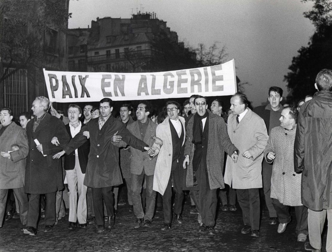 Protesters call for Algerian independence and peace in Paris on November 18, 1961.