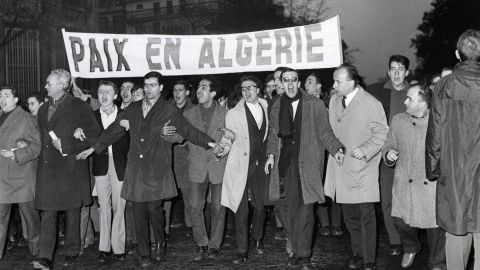 Protesters call for Algerian independence and peace in Paris on November 18, 1961.