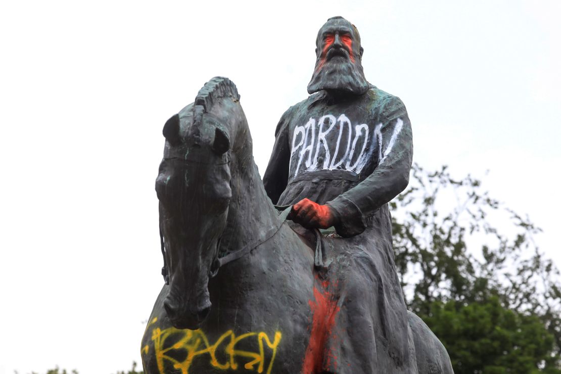 A vandalized statue of King Leopold II in Brussels on Wednesday.