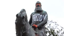 A picture taken on June 10 2020 in Brussels shows the vandalized statue of King Leopold II of Belgium. - The statue was vandalized during a protest action amid discussions to remove all Leopold 2 statues due to the misdeeds in his personal property Congo. (Photo by THIERRY ROGE / various sources / AFP) / Belgium OUT (Photo by THIERRY ROGE/Belga/AFP via Getty Images)