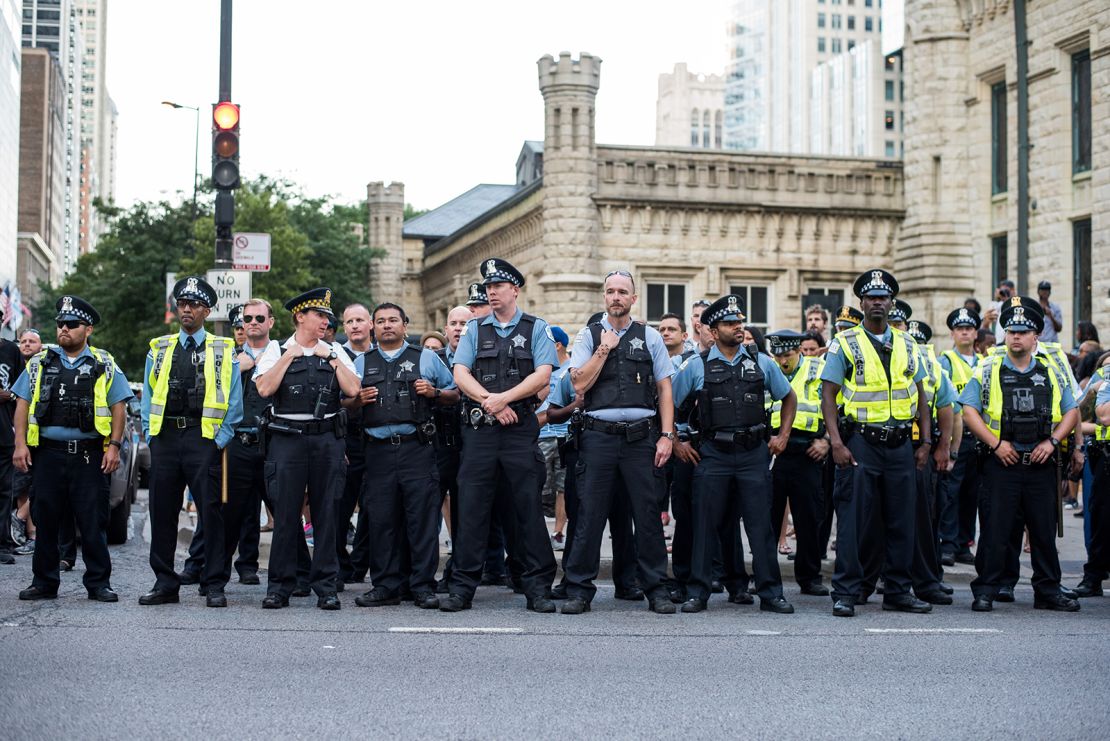 Chicago police line up on Michigan Avenue during a march in July 2016 against police violence.