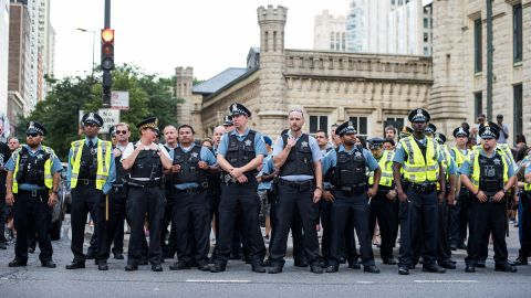 Chicago police line up on Michigan Avenue during a march in July 2016 against police violence.
