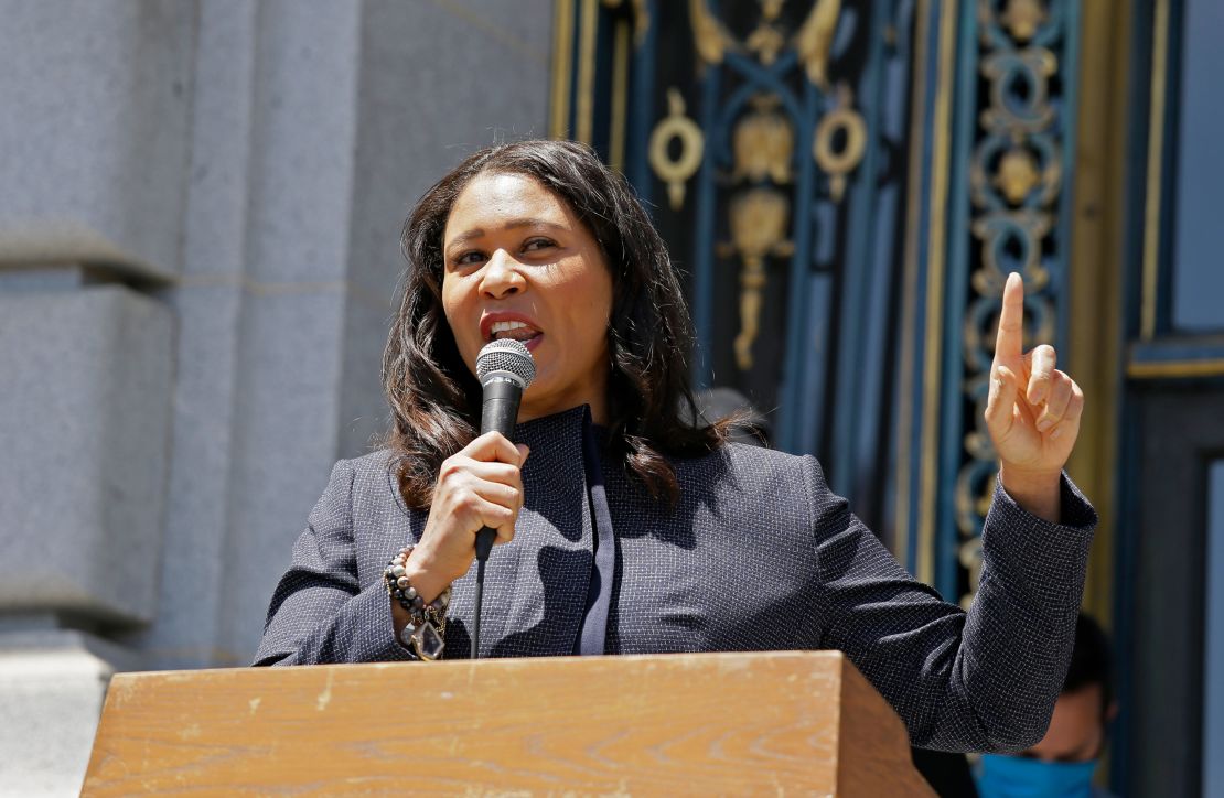 San Francisco Mayor London Breed speaks to a group protesting police racism outside City Hall on June 1. San Francisco police will stop responding to non-violent calls activities as part of a reform plan announced June 11.