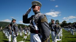 West Point cadets salute as the Class of 2020 participate in a commencement ceremony on the parade field, at the United States Military Academy in West Point, NY, Saturday, June 13, 2020. 