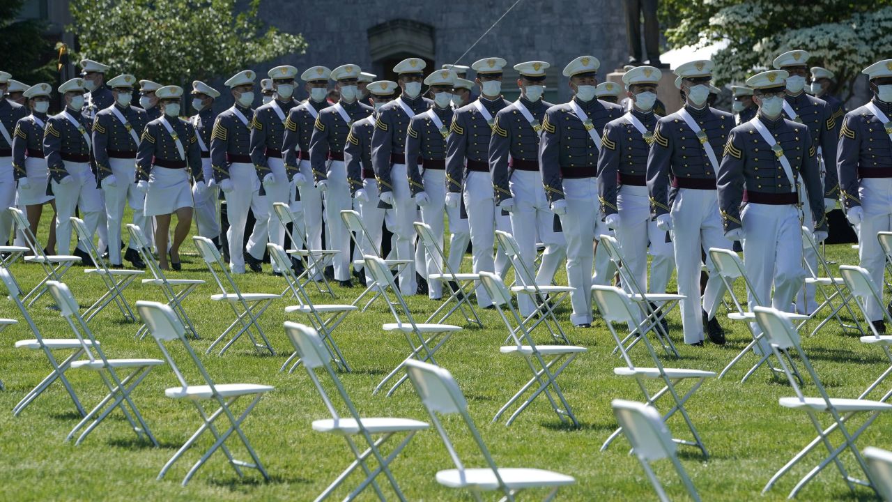 In this June 13, 2020, file photo, US Military Academy cadets arrive for the graduation ceremony at West Point, New York.