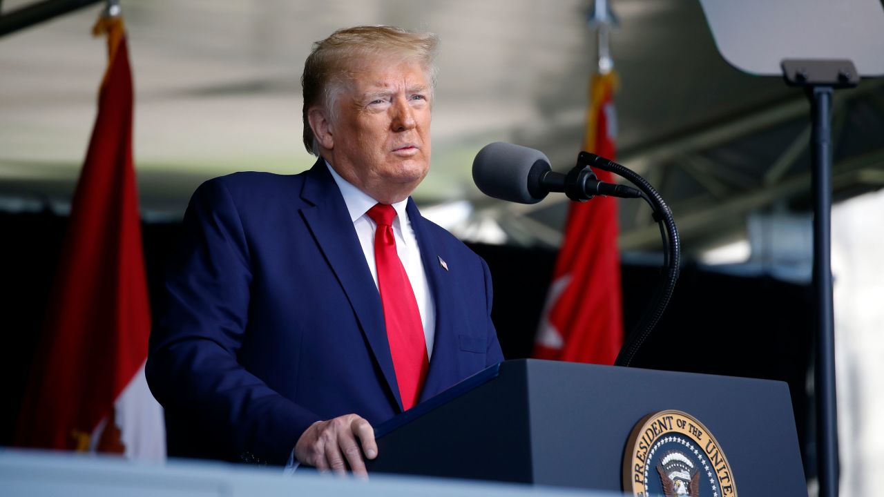 President Donald Trump speaks to over 1,110 cadets in the Class of 2020 at a commencement ceremony on the parade field, at the United States Military Academy in West Point, N.Y., Saturday, June 13, 2020. 