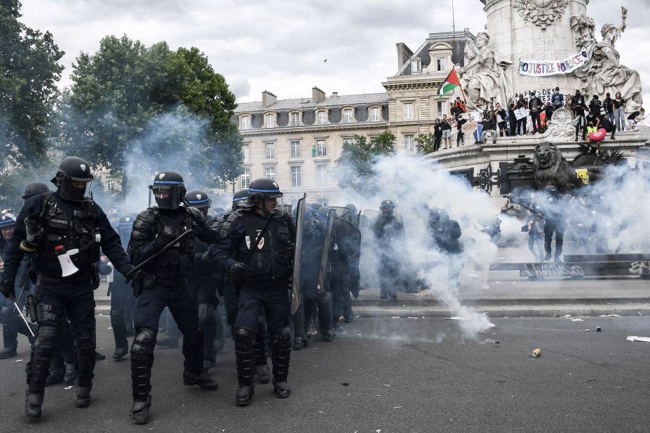 French police clash with protesters during a Black Lives Matter protest in Paris on Saturday, June 13.