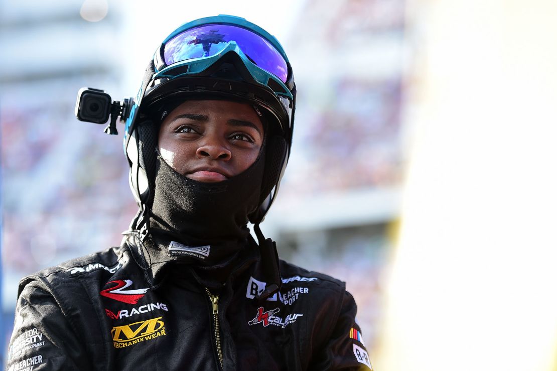 Brehanna Daniels, tire changer on the #52 Winn Dixie Chevrolet, watches from pit road at the 61st Daytona 500 in Daytona Beach, Florida, on February 17, 2019.