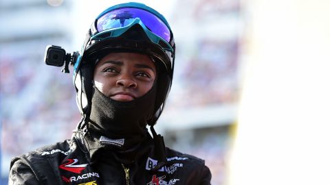 Brehanna Daniels, tire changer on the #52 Winn Dixie Chevrolet, watches from pit road at the 61st Daytona 500 in Daytona Beach, Florida, on February 17, 2019.
