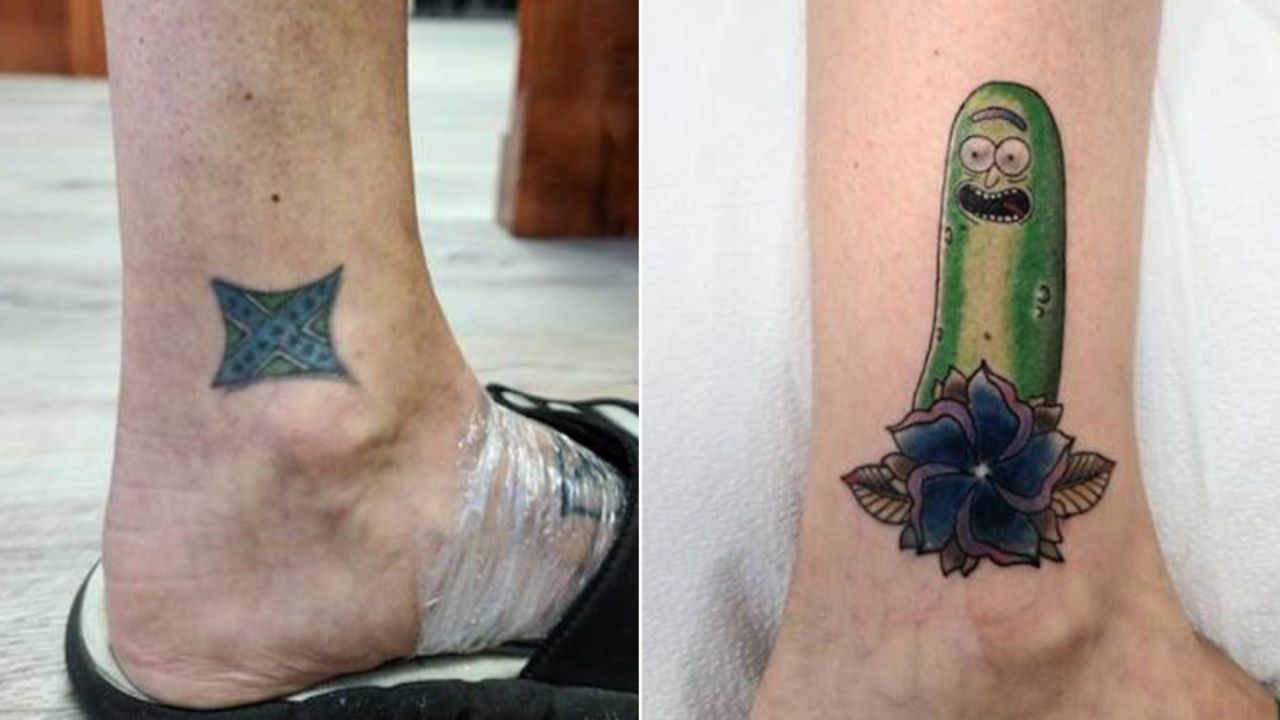 Before and after Ryun King covered up Jennifer Tucker's confederate flag tattoo.