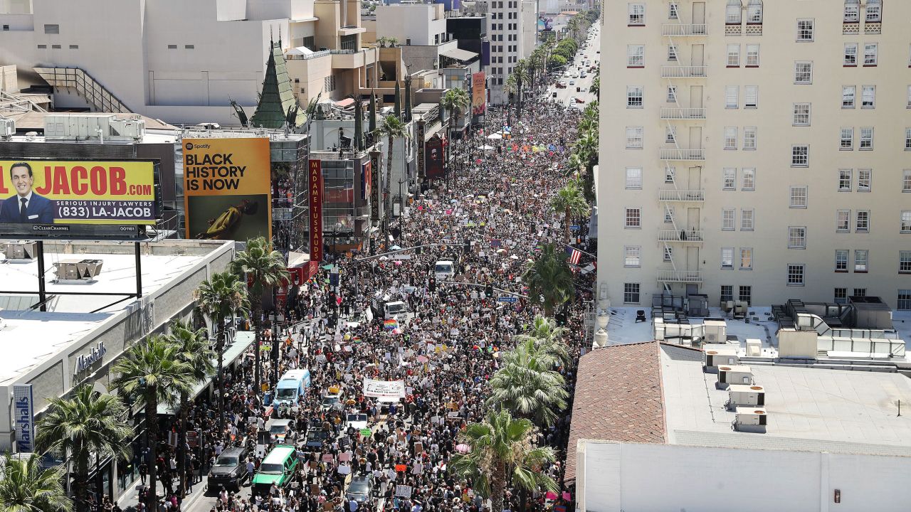 Protesters crowd Hollywood Boulevard during the All Black Lives Matter solidarity march, on June 14, 2020 in Los Angeles, California. 