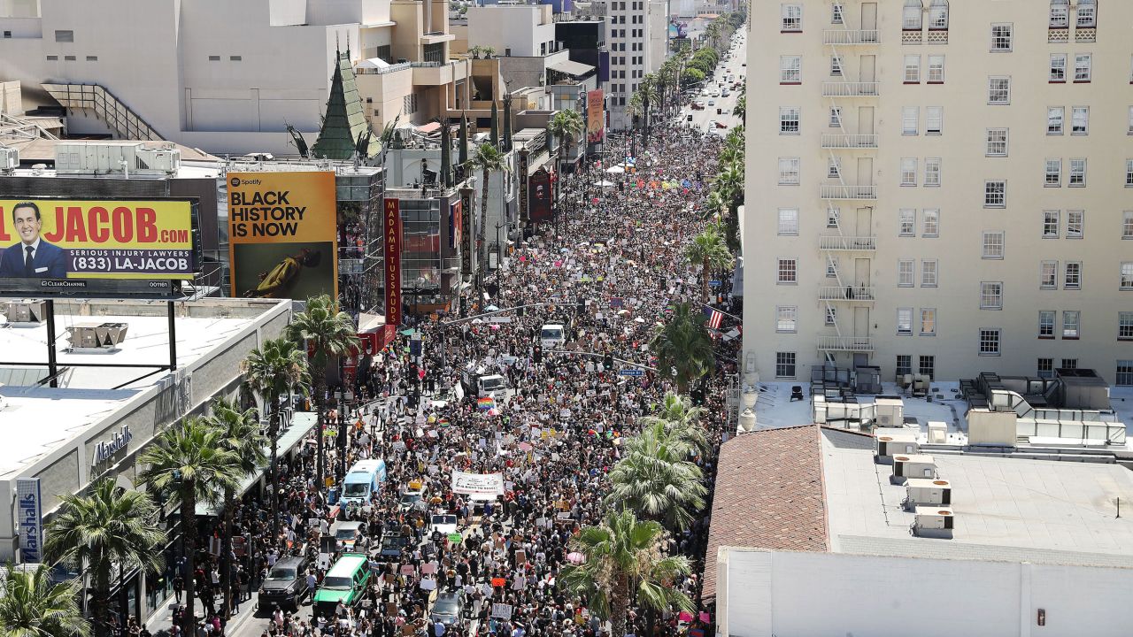 Protesters crowd Hollywood Boulevard during the All Black Lives Matter solidarity march, on June 14, 2020 in Los Angeles, California.