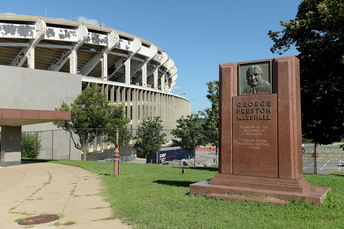 A memorial to George Preston Marshall stands on the grounds of Robert F. Kennedy Memorial Stadium.