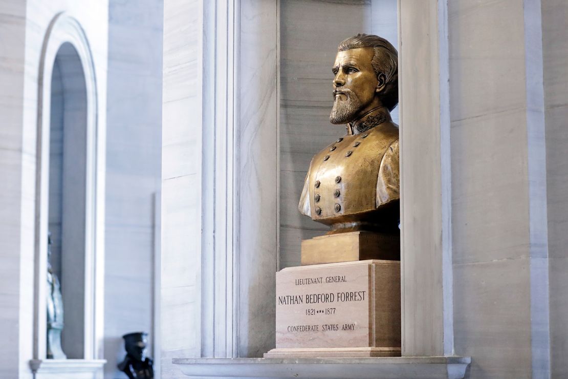 A bust of Nathan Bedford Forrest stands at the Tennessee State Capitol in June. 