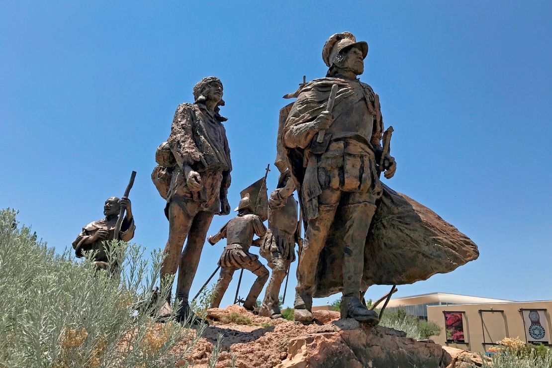 A statue of Don Juan de Oñate leading a group of Spanish settlers stands outside the Albuquerque Museum. 