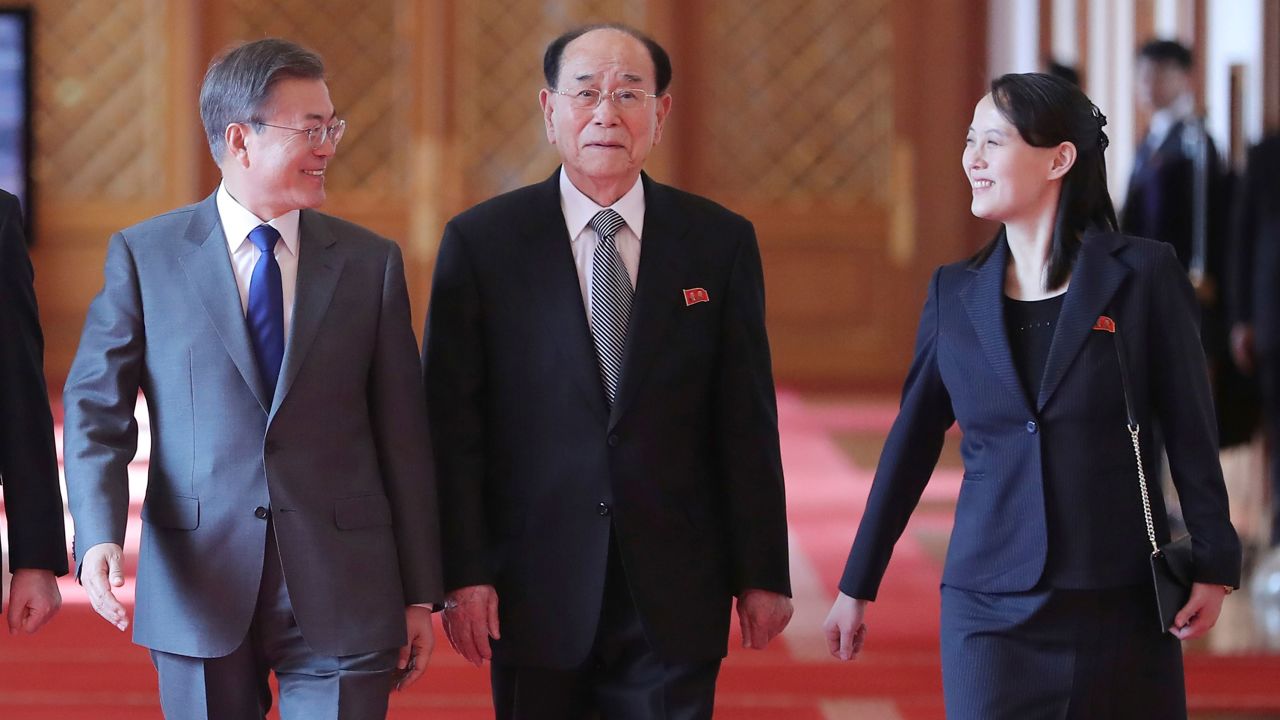 South Korean President Moon Jae-in, left, walks with Kim Yo Jong, North Korean leader Kim Jong Un's sister, and Kim Yong Nam, center, North Korea's former ceremonial head of state, at the presidential house in Seoul, South Korea, Saturday, February 10, 2018.